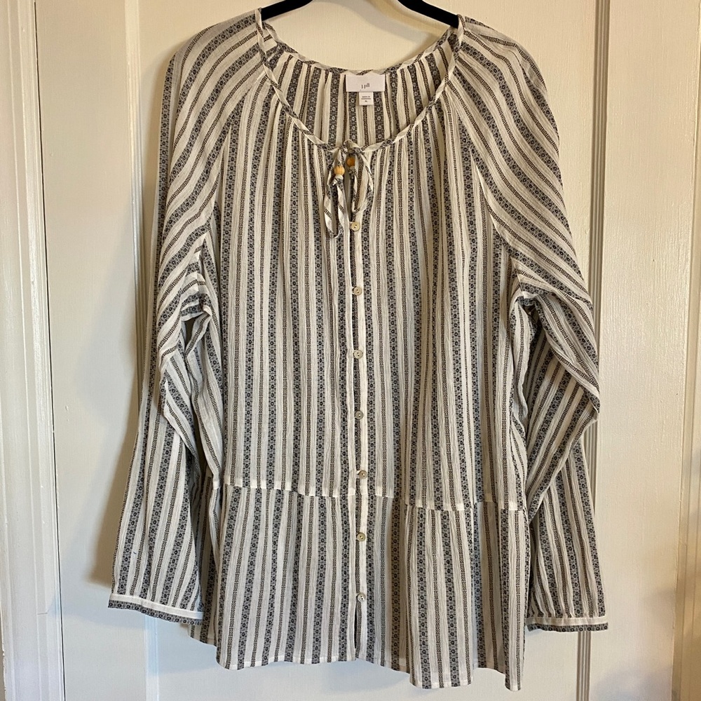 J. Jill Long Sleeve Jacquard Striped Button Front Cotton Peasant Top XL